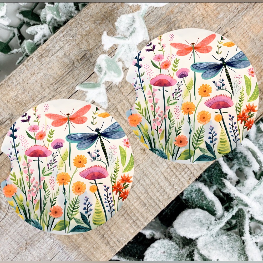 Handmade Garden DragonfliesCar Coasters | New Set Of Two Sublimated Car Coasters